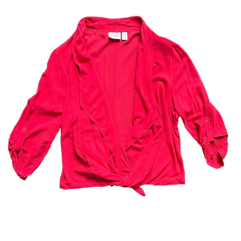 Chico's Tie Front Wrap Cardigan Red Roll Tab Sleeves size 3 / Women's size Large